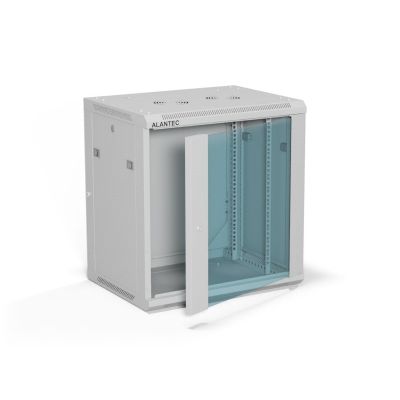 ALANTEC Wandschrank 19" 12U 600x450, Glastür, grau, montiert (SW-12U-600-450-01-SA)