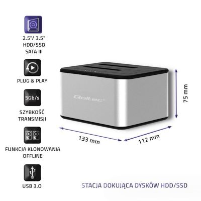 3. QOLTEC Dockingstation für 2 Festplatten 2x HDD/SSD 2,5"/3,5" SATA | USB 3.0 | KLONEN