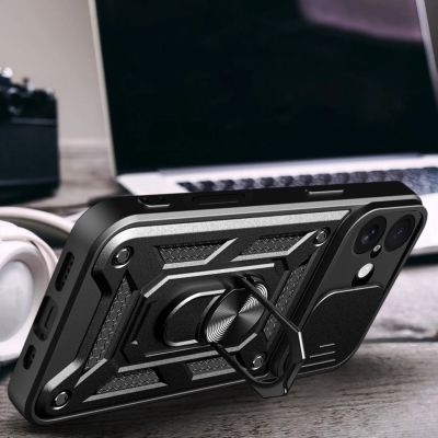 6. Hybrid Armor Camshield iPhone 17 Hülle mit Ständer und Kameraabdeckung - Schwarz