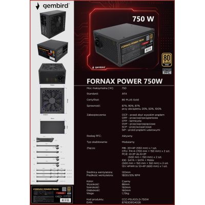 14. GEMBIRD Computer-Netzteil Fornax Power 750W 80+ Gold ATX, 750W, Aktive PFC, 12CM Lüfter