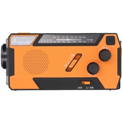 51. Extralink Solar-Notfallradio mit Kurbeldynamo-Powerbank (4000 mAh) und SOS-Taschenlampe SR-4000, tragbar, analog, Schwarz/Orange
