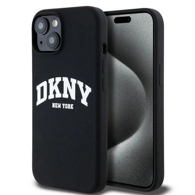 DKNY Liquid Silicone MagSafe Hülle mit weißem Logo-Aufdruck für iPhone 15 / 14 / 13 - Schwarz