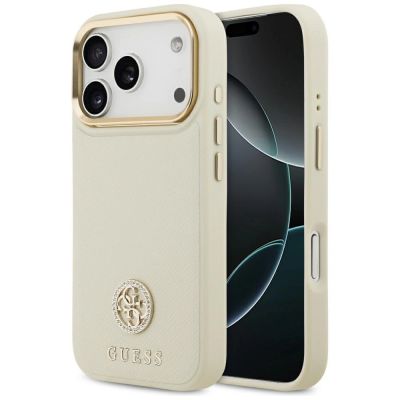 Guess Grained Strass Logo MagSafe Hülle für iPhone 17 Pro - Beige