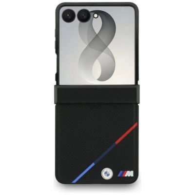 2. BMW M Lederhülle mit perforiertem dreifarbigem Streifenmuster, Metalllogos und MagSafe-Funktion für Samsung Galaxy Z Flip 8 – Schwarz