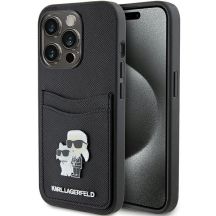 Karl Lagerfeld Saffiano Cardslot Karl&Choupette Metal Pin Hülle für iPhone 15 Pro – Schwarz