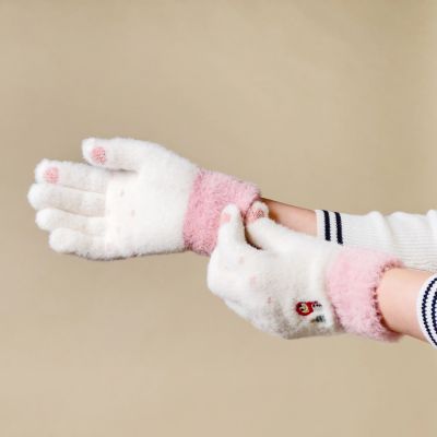 5. Winter-Telefonhandschuhe für Damen mit einem Schneemann und einem Weihnachtsbaum – weiß und rosa
