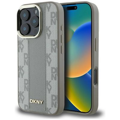 DKNY Magsafe iPhone 16 Pro Hülle mit Karomuster - Beige