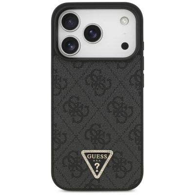 3. Guess Leather 4G Triangle Strass MagSafe Hülle für iPhone 18 Pro / 17 Pro - Schwarz