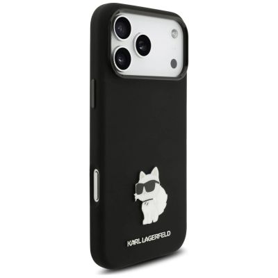 4. Karl Lagerfeld Silicone Choupette Metal Pin Hülle für iPhone 18 Pro Max / 17 Pro Max – Schwarz