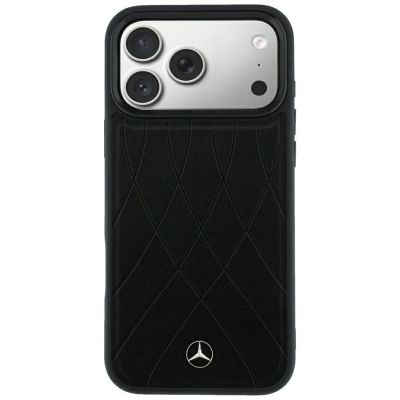 3. Mercedes Lederhülle mit gekreuzten Linien und MagSafe-Design für iPhone 17 Pro Max / 18 Pro Max – Schwarz
