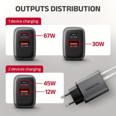 7. Axagon ACU-PQ67 Ladegerät für Mobilgeräte, Universal, Schwarz/Grau, Wechselstrom, Schnellladung, intern