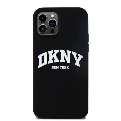 8. DKNY Flüssigsilikon-MagSafe-Hülle mit weißem bedrucktem Logo für iPhone 12/12 Pro – Schwarz