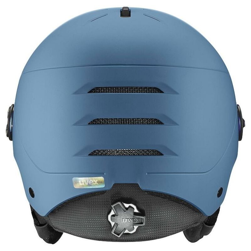 5. Uvex Skihelm wanted visor, steinfarben, blau