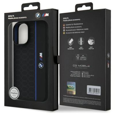 8. BMW Silikon-Hülle mit sechseckigem, blauem Streifen und MagSafe-Funktion für iPhone 16 – Schwarz