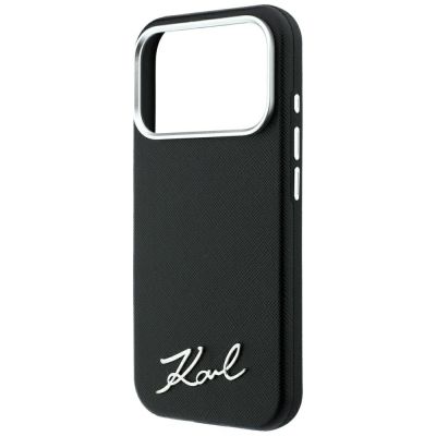 6. Karl Lagerfeld Saffiano MagSafe Hülle mit kleinem Schriftzug und Metalllogo für iPhone 17 Pro Max / 18 Pro Max – Schwarz