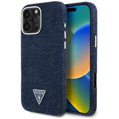 Guess Denim Triangle Logo MagSafe iPhone 16 Pro Max Hülle - Blau