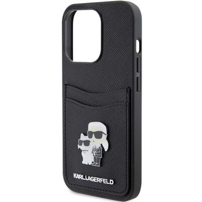 6. Karl Lagerfeld Saffiano Cardslot Karl&Choupette Metal Pin Hülle für iPhone 15 Pro – Schwarz