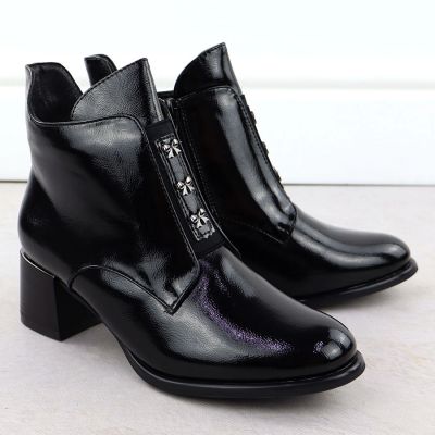 13. Lack-Stiefeletten für Damen mit Schleifen und Blockabsatz, schwarz M.Daszyński 2481