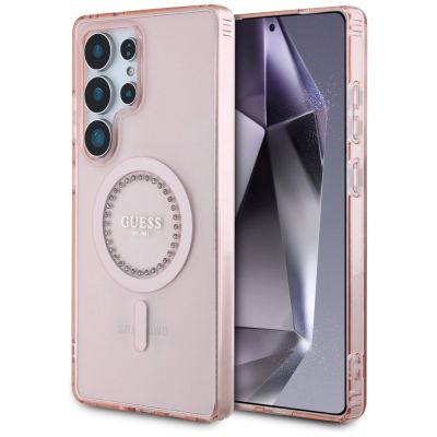 Guess Strass bedrucktes klassisches Logo MagSafe Samsung Galaxy S25 Ultra Hülle rosa