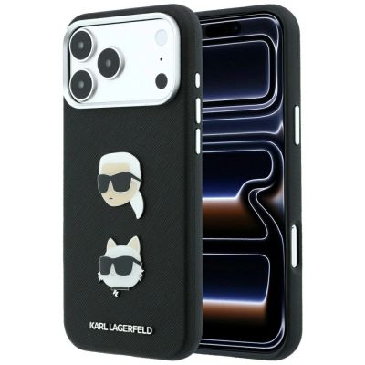 Karl Lagerfeld Saffiano Hülle mit Karl & Choupette Köpfen Pins & Logo für iPhone 18 Pro Max / 17 Pro Max - Schwarz