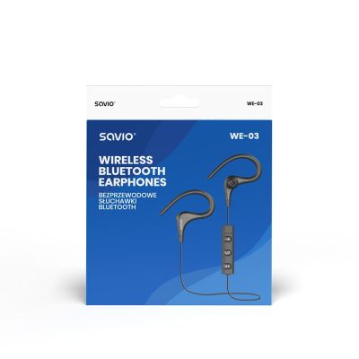 3. Kabelloser Kopfhörer mit Mikrofon, SAVIO WE-03 Kopfhörer (In-Ear, Sport; kabellos, Bluetooth; mit integriertem Mikrofon; schwarz)
