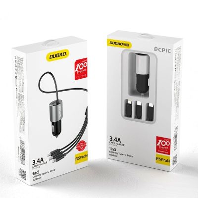 5. Dudao 3in1 USB Autoladegerät 3,4 A eingebautes Kabel Lightning / USB Typ C / Micro USB schwarz (R5ProN schwarz)