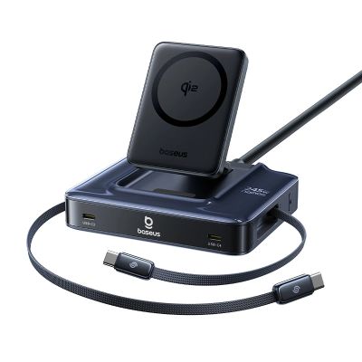 Baseus Nomos NH21 6-in-1 245W Kabellose Ladestation mit zwei einziehbaren USB-C-Kabeln – Schwarz