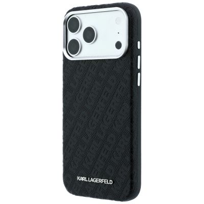 2. Karl Lagerfeld MagSafe-Schutzhülle aus Metall mit genarbtem Allover-Logo für iPhone 17 Pro / 18 Pro – Schwarz
