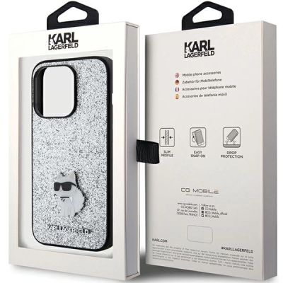 8. Karl Lagerfeld Feste Glitzer-Choupette-Logo-Metallnadelhülle für iPhone 15 Pro – Silber