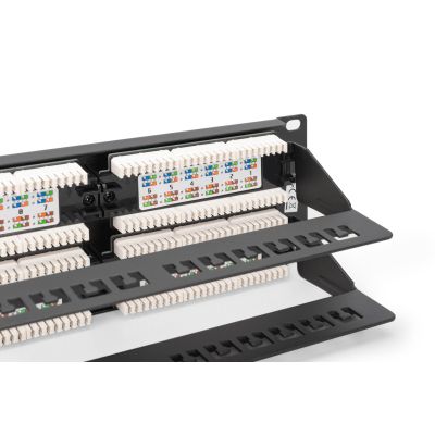 2. Digitus Patchpanel 19 Zoll, 48 RJ45-Anschlüsse, LSA vertikal, Cat. 6, ungeschirmt, 2 HE, schwarz, Kabelführung, Beschriftungsfelder