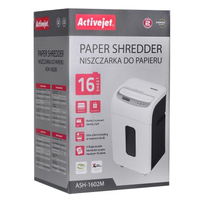5. Activejet ASH-1602M Aktenvernichter, P-5, 28 l, 2 x 14 mm Schnipsel, 16 Blatt, weiß