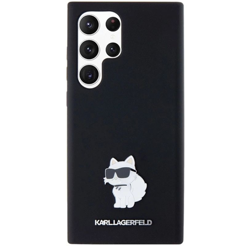 3. Karl Lagerfeld Silikon Choupette Metal Pin Hülle für Samsung Galaxy S24 Ultra – Schwarz