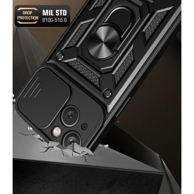 2. Hybrid Armor Camshield Hülle mit Ständer und Kameraabdeckung für iPhone 15 Plus – Schwarz