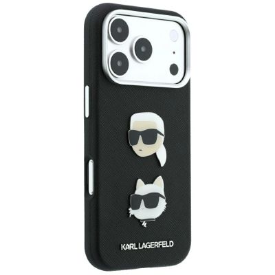 4. Karl Lagerfeld Saffiano-Hülle mit Karl & Choupette-Kopf-Pins und Logo für iPhone 18 Pro / 17 Pro – Schwarz