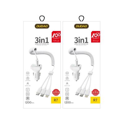 8. Dudao Car Kit Ladegerät 2x USB 2.4A + Kabel USB 3in1 Lightning / Type C / Micro USB Kabel weiß (R7 weiß)