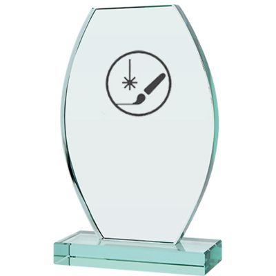 3. Gravierte Glastrophäe mit Vitrine + Farbfüllung