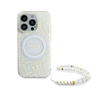2. Guess IML Flowers Allover Electro With Pearl Strap MagSafe-Hülle für iPhone 16 Pro – Weiß