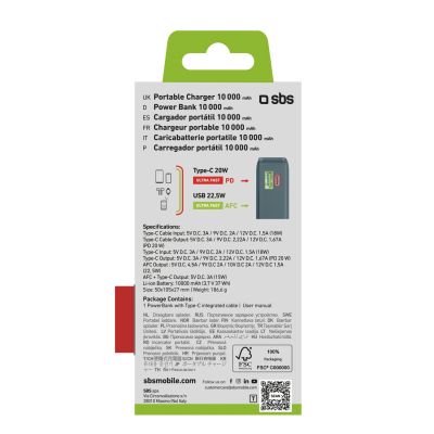 3. Powerbank SBS 10000 mAh 20W mit integriertem USB-C-Kabel und Digitalanzeige - grau
