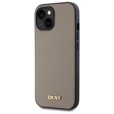 2. DKNY MagSafe iPhone 15 Hülle mit genarbtem Metalllogo – Beige