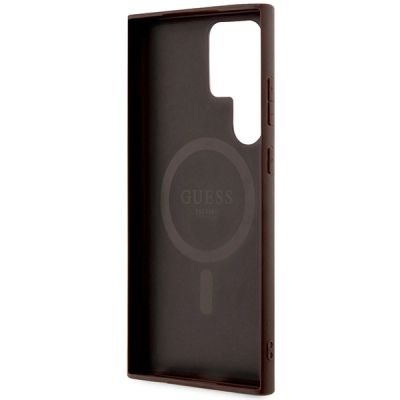7. Guess 4G Collection MagSafe Leder-Metall-Logo-Hülle für Samsung Galaxy S24 Ultra – Braun