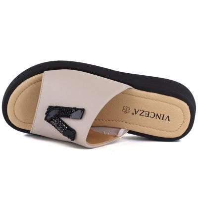 3. Beige Leder-Keilsandalen für Damen, Modell Vinceza 66950