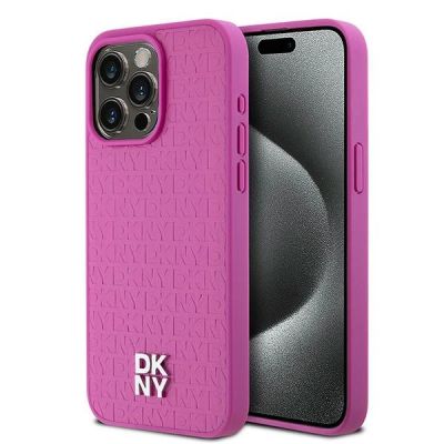 DKNY MagSafe-Hülle aus Leder mit Monogrammmuster und Metalllogo für iPhone 15 Pro Max, Pink