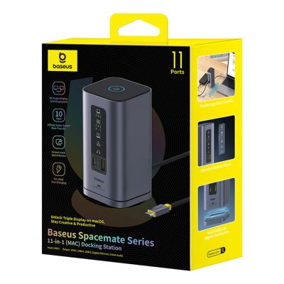 9. Baseus Spacemate Hub USB-C 11-in-1 Dockingstation mit 3x HDMI 4K 60Hz + 2x USB-A (10 Gbit/s) + 1x USB-C (10 Gbit/s) + RJ45 + 2x USB-A (480 Mbit/s) + 1x USB-C (PD) + 1x 3,5-mm-Klinkenbuchse – Grau