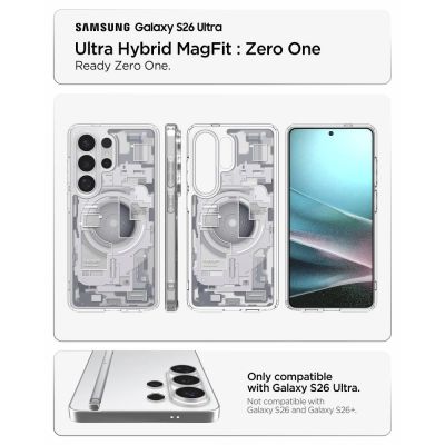 8. Spigen Ultra Hybrid Mag MagSafe Hülle für Samsung Galaxy S26 Ultra Zero One – Transparent und Weiß