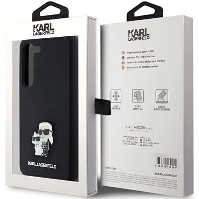 8. Karl Lagerfeld Silikon Karl&Choupette Metal Pin Hülle für Samsung Galaxy S24 – Schwarz