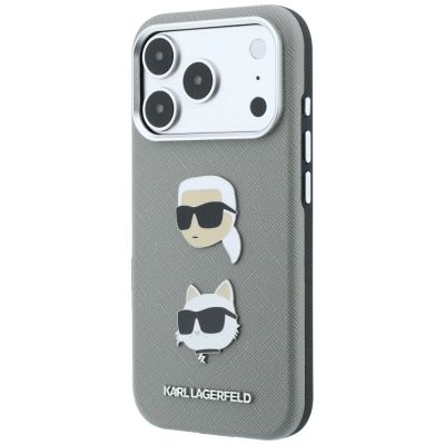 2. Karl Lagerfeld Saffiano Hülle mit Karl & Choupette Köpfen Pins & Logo für iPhone 18 Pro Max / 17 Pro Max - Grau