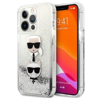 Karl Lagerfeld Liquid Glitter Karl&Choupette Head Case für iPhone 13 Pro Max - Silber
