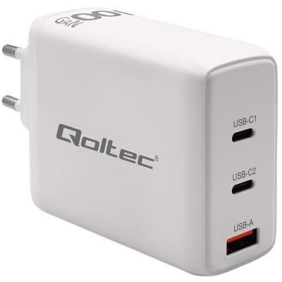 Qoltec 100W GaN-Wandladegerät | 5–20 V | 1,5–5 A | 2 x USB-C PD | 1 x USB QC 3.0 | Weiß