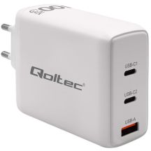 Qoltec 100W GaN-Wandladegerät | 5–20 V | 1,5–5 A | 2 x USB-C PD | 1 x USB QC 3.0 | Weiß