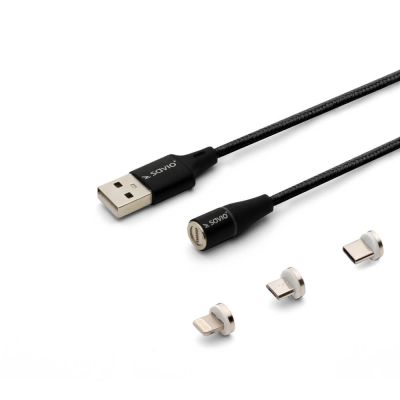 SAVIO Magnetisches USB-Kabel – USB Typ C, Micro und Lightning, 2 m, Schwarz CL-155